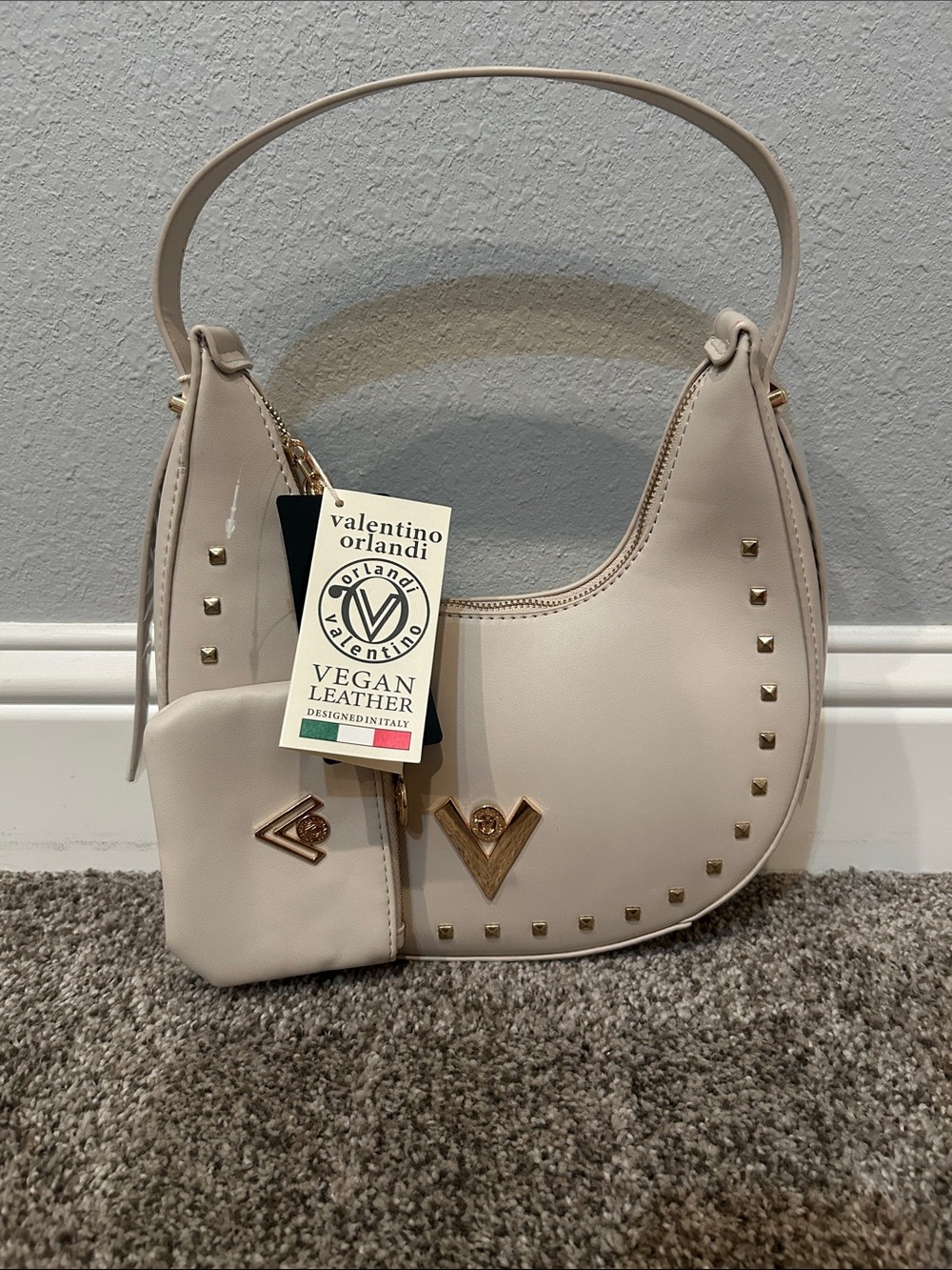 NWT Valentino Orlandi Cream Vegan Leather Shoulder Bag with Gold Studs